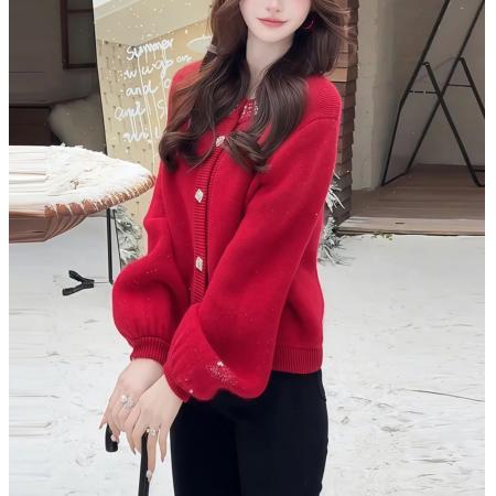 LN76384# 重工钉珠红色针织开衫毛衣外套