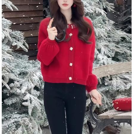 LN76384# 重工钉珠红色针织开衫毛衣外套