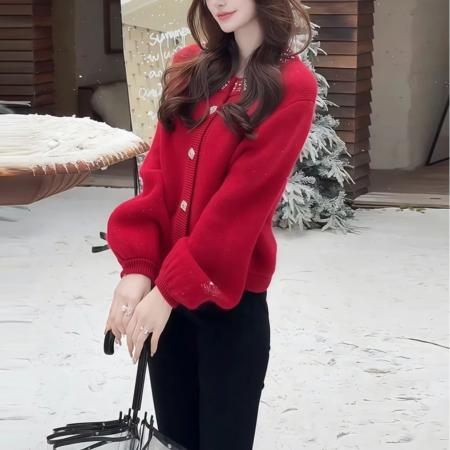 LN76384# 重工钉珠红色针织开衫毛衣外套