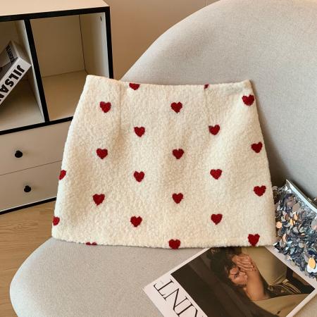 FA48958# 仿羊羔毛波点爱心短裙女秋冬加厚外穿超好看韩系包臀半身裙 服裝批發女裝批發服飾貨源