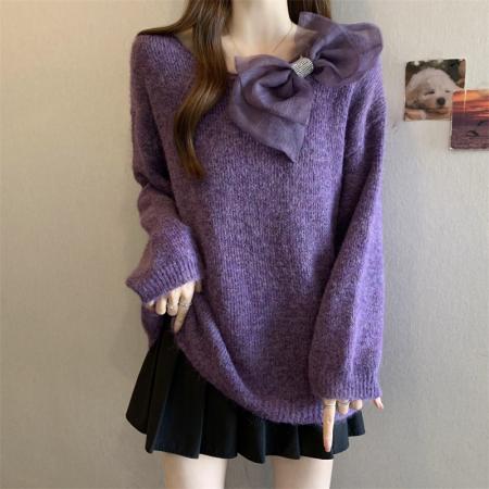 FA48959# 大码法式重工复古立体花朵紫色洋气减龄圆领百搭宽松显瘦毛衣 服裝批發女裝批發服飾貨源