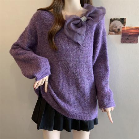 FA48959# 大码法式重工复古立体花朵紫色洋气减龄圆领百搭宽松显瘦毛衣 服裝批發女裝批發服飾貨源