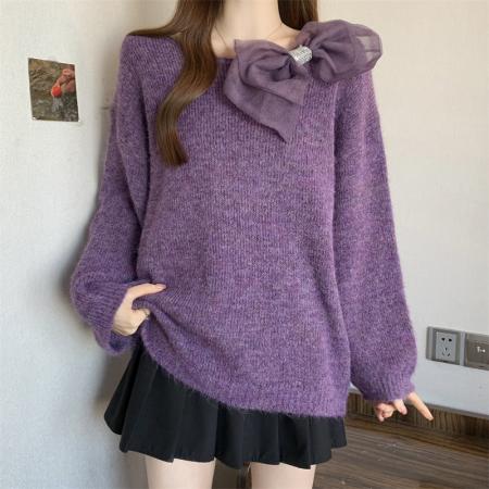 FA48959# 大码法式重工复古立体花朵紫色洋气减龄圆领百搭宽松显瘦毛衣 服裝批發女裝批發服飾貨源