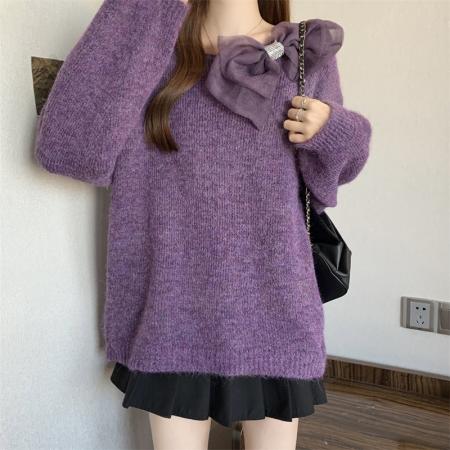 FA48959# 大码法式重工复古立体花朵紫色洋气减龄圆领百搭宽松显瘦毛衣 服裝批發女裝批發服飾貨源