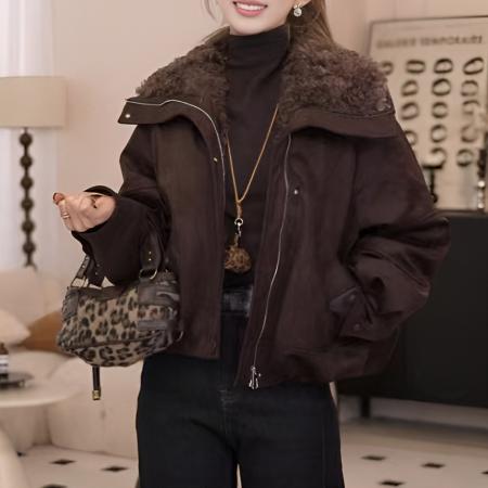 FA48961# 美式复古毛毛领加绒加厚短款棉服冬季韩系休闲百搭保暖外套 服裝批發女裝批發服飾貨源