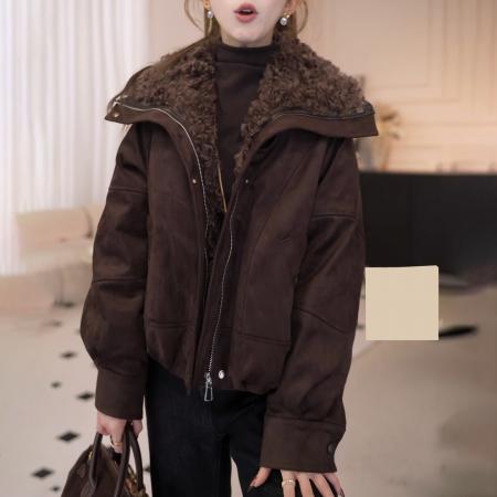 FA48961# 美式复古毛毛领加绒加厚短款棉服冬季韩系休闲百搭保暖外套 服裝批發女裝批發服飾貨源