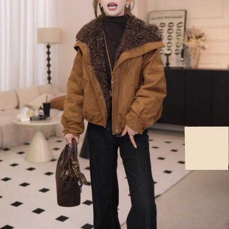 FA48961# 美式复古毛毛领加绒加厚短款棉服冬季韩系休闲百搭保暖外套 服裝批發女裝批發服飾貨源