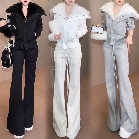 FA48962# 冬新款加绒加厚毛毛大翻领拉链外套高腰阔腿裤休闲套装 服裝批發女裝批發服飾貨源