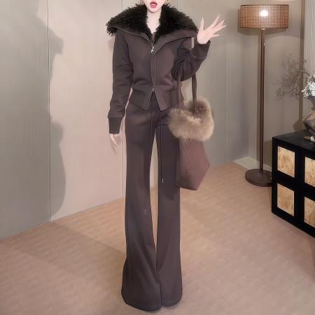 FA48962# 冬新款加绒加厚毛毛大翻领拉链外套高腰阔腿裤休闲套装 服裝批發女裝批發服飾貨源