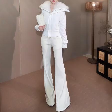 FA48962# 冬新款加绒加厚毛毛大翻领拉链外套高腰阔腿裤休闲套装 服裝批發女裝批發服飾貨源