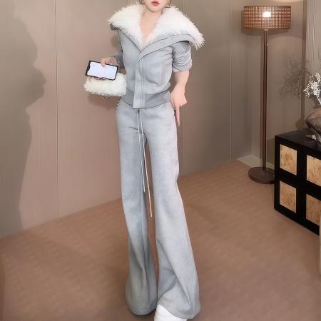 FA48962# 冬新款加绒加厚毛毛大翻领拉链外套高腰阔腿裤休闲套装 服裝批發女裝批發服飾貨源