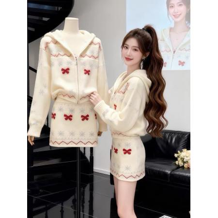 FA48967# 时尚套装女圣诞连帽长袖针织外套显瘦半裙两件套 服裝批發女裝批發服飾貨源