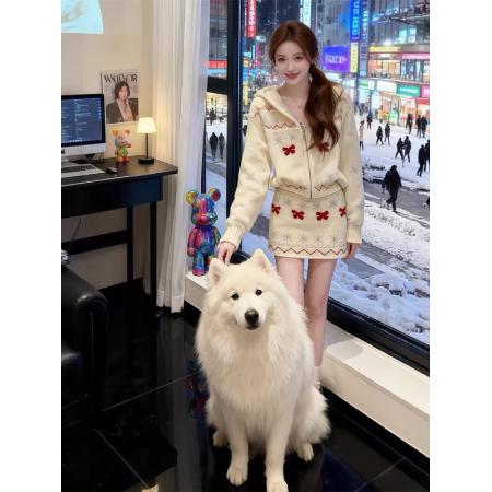 FA48967# 时尚套装女圣诞连帽长袖针织外套显瘦半裙两件套 服裝批發女裝批發服飾貨源