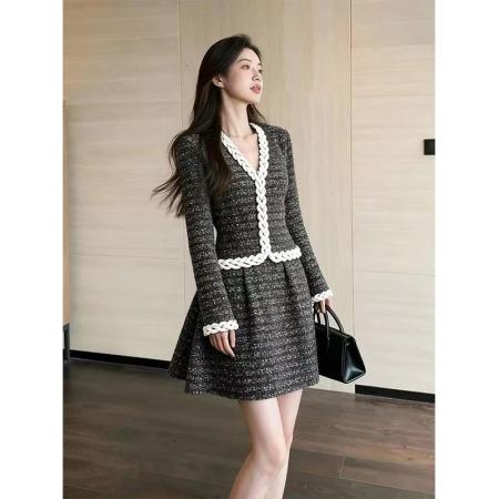 FA48971# 富家千金miu系穿搭年会礼服灰色编织粗花呢小香风连衣裙子女秋冬 服裝批發女裝批發服飾貨源