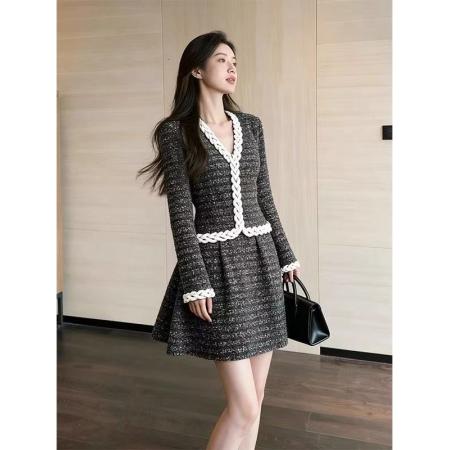 FA48971# 富家千金miu系穿搭年会礼服灰色编织粗花呢小香风连衣裙子女秋冬 服裝批發女裝批發服飾貨源