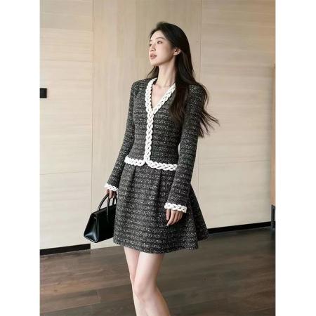 FA48971# 富家千金miu系穿搭年会礼服灰色编织粗花呢小香风连衣裙子女秋冬 服裝批發女裝批發服飾貨源