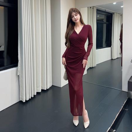 FA48974# 新款网纱长款裙子修身显瘦打底包臀长袖中长款开叉连衣裙 服裝批發女裝批發服飾貨源