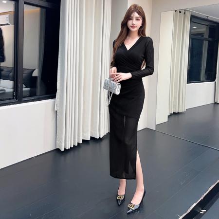 FA48974# 新款网纱长款裙子修身显瘦打底包臀长袖中长款开叉连衣裙 服裝批發女裝批發服飾貨源