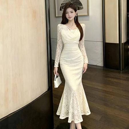 FA48976# 新款爆版长袖性感V领打底包臀蕾丝长款连衣裙 服裝批發女裝批發服飾貨源