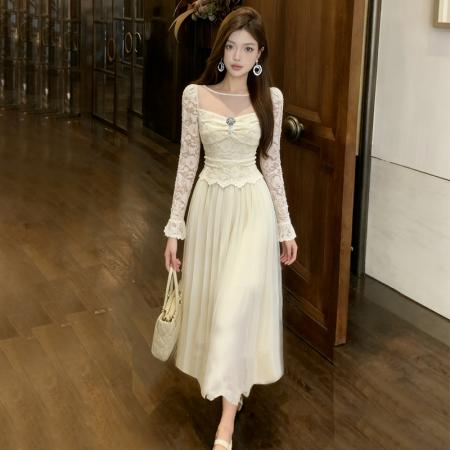 FA48977# 新款高感级性感显瘦打底长袖蕾丝荷叶边网纱拼接连衣裙 服裝批發女裝批發服飾貨源