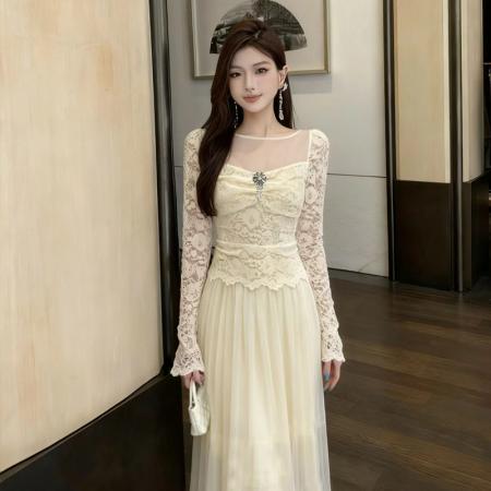 FA48977# 新款高感级性感显瘦打底长袖蕾丝荷叶边网纱拼接连衣裙 服裝批發女裝批發服飾貨源