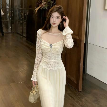 FA48977# 新款高感级性感显瘦打底长袖蕾丝荷叶边网纱拼接连衣裙 服裝批發女裝批發服飾貨源