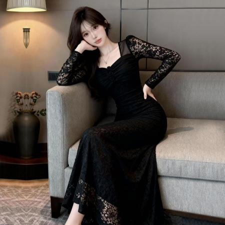 FA48978# 新款爆版长袖性感打底包臀蕾丝长款连衣裙 服裝批發女裝批發服飾貨源