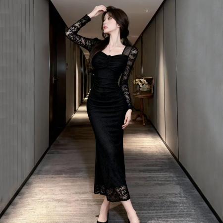 FA48978# 新款爆版长袖性感打底包臀蕾丝长款连衣裙 服裝批發女裝批發服飾貨源