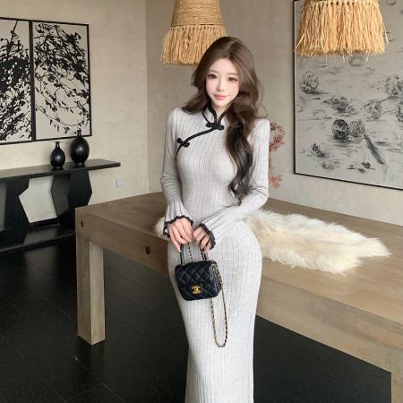 FA48981# 新中式国风改良包臀旗袍长裙秋冬新款气质修身显瘦针织连衣裙 服裝批發女裝批發服飾貨源