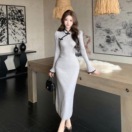 FA48981# 新中式国风改良包臀旗袍长裙秋冬新款气质修身显瘦针织连衣裙 服裝批發女裝批發服飾貨源