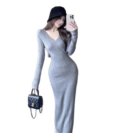 FA48983# 温柔风复古V领麻花纹针织连衣裙女秋冬显瘦气质包臀毛衣长裙 服裝批發女裝批發服飾貨源