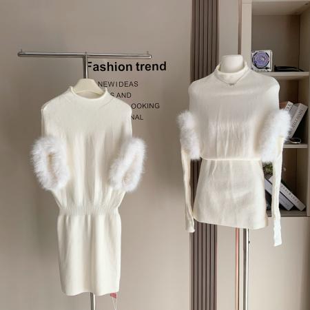 FA48985# 奶乖限定软糯气质毛毛袖口收腰显瘦针织毛衣连衣裙女 服裝批發女裝批發服飾貨源