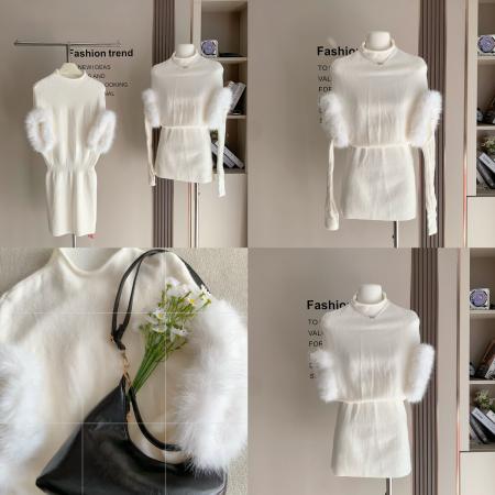 FA48985# 奶乖限定软糯气质毛毛袖口收腰显瘦针织毛衣连衣裙女 服裝批發女裝批發服飾貨源