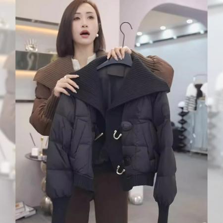 FA48987# 针织假两件羽绒棉服女冬季大码胖mm海军领短款棉衣设计感棉袄外套 服裝批發女裝批發服飾貨源