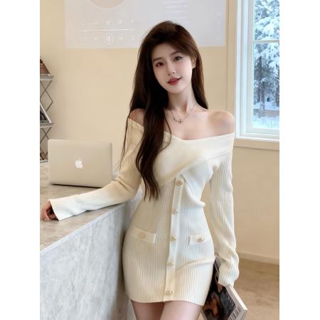 FA48994# 韩国少女感一字领露肩针织毛衣连衣裙小个子心机夜店风约会OL短裙 服裝批發女裝批發服飾貨源