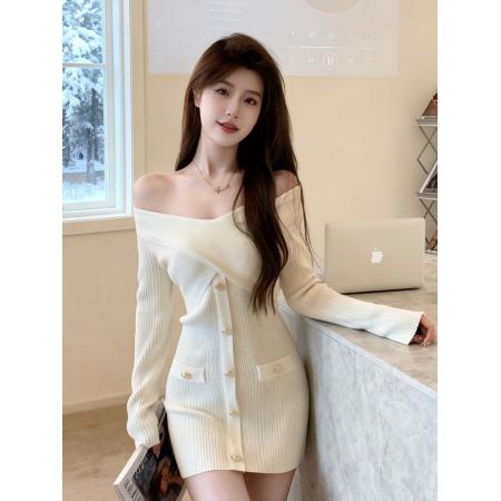 FA48994# 韩国少女感一字领露肩针织毛衣连衣裙小个子心机夜店风约会OL短裙 服裝批發女裝批發服飾貨源