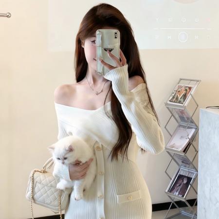 FA48994# 韩国少女感一字领露肩针织毛衣连衣裙小个子心机夜店风约会OL短裙 服裝批發女裝批發服飾貨源