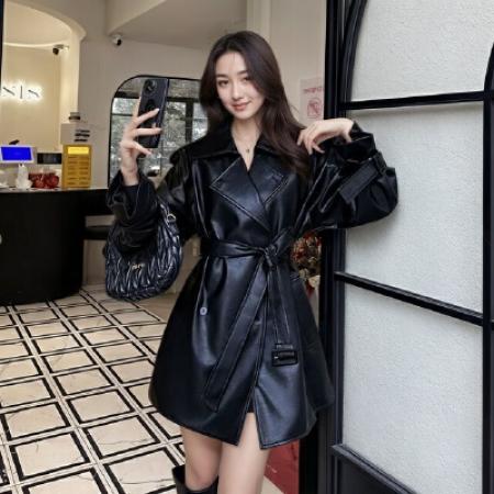 FA48995# 美拉德皮风衣外套女秋季美式复古中长款高级感气质PU皮夹克潮 服裝批發女裝批發服飾貨源