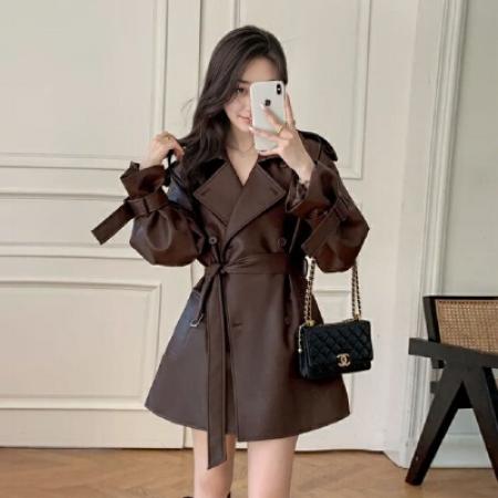 FA48995# 美拉德皮风衣外套女秋季美式复古中长款高级感气质PU皮夹克潮 服裝批發女裝批發服飾貨源