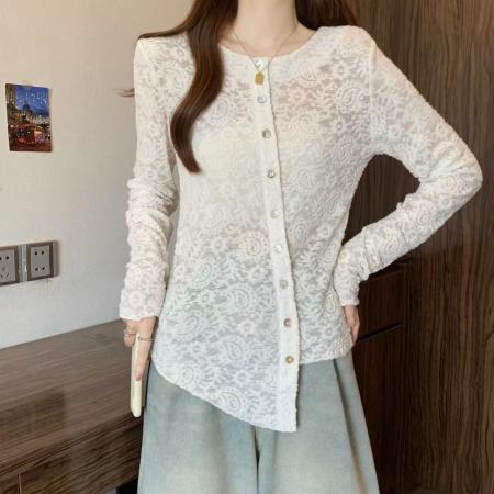 FA48996# 胖MM蕾丝不规则设计感百搭气质内搭洋气小衫圆领打底衫女上衣 服裝批發女裝批發服飾貨源