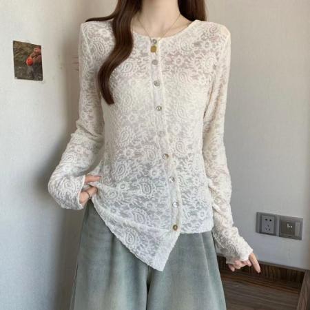 FA48996# 胖MM蕾丝不规则设计感百搭气质内搭洋气小衫圆领打底衫女上衣 服裝批發女裝批發服飾貨源