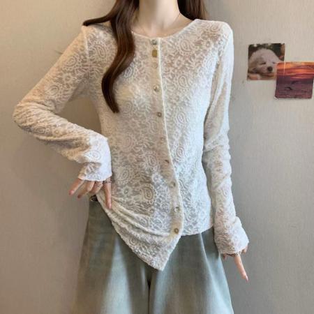 FA48996# 胖MM蕾丝不规则设计感百搭气质内搭洋气小衫圆领打底衫女上衣 服裝批發女裝批發服飾貨源