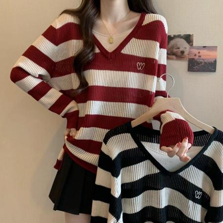 FA48997# 胖MM新款秋装假两件套条纹针织衫洋气毛衣打底衫女上衣 服裝批發女裝批發服飾貨源