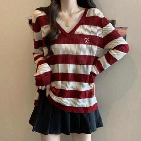 FA48997# 胖MM新款秋装假两件套条纹针织衫洋气毛衣打底衫女上衣 服裝批發女裝批發服飾貨源