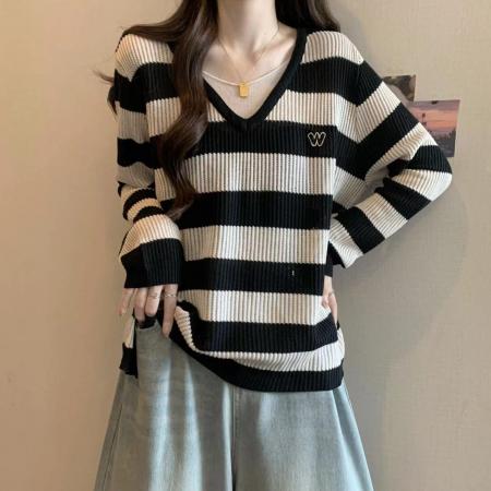 FA48997# 胖MM新款秋装假两件套条纹针织衫洋气毛衣打底衫女上衣 服裝批發女裝批發服飾貨源