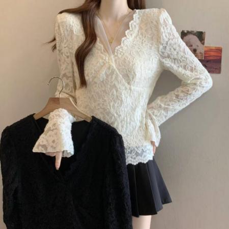 FA48998# 胖MM秋冬百搭气质上衣内搭洋气小衫加厚加绒v领蕾丝打底衫女 服裝批發女裝批發服飾貨源