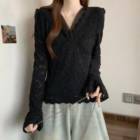 FA48998# 胖MM秋冬百搭气质上衣内搭洋气小衫加厚加绒v领蕾丝打底衫女 服裝批發女裝批發服飾貨源