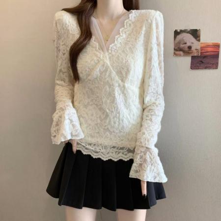 FA48998# 胖MM秋冬百搭气质上衣内搭洋气小衫加厚加绒v领蕾丝打底衫女 服裝批發女裝批發服飾貨源