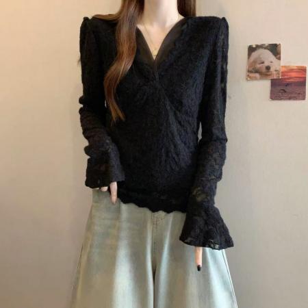 FA48998# 胖MM秋冬百搭气质上衣内搭洋气小衫加厚加绒v领蕾丝打底衫女 服裝批發女裝批發服飾貨源