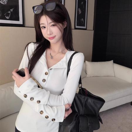 FA49000# 面料韩系设计感正肩长袖T恤女秋冬内搭显瘦小众打底 服裝批發女裝批發服飾貨源